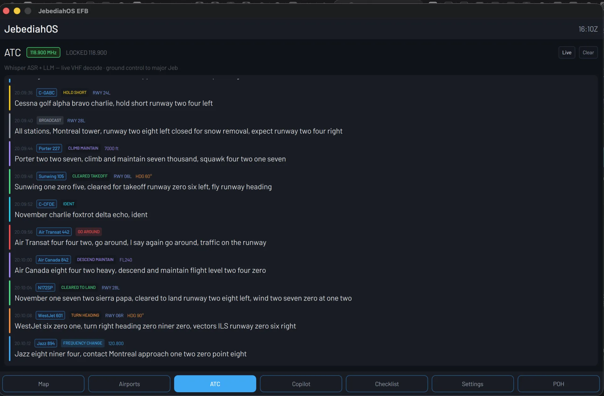 Live ATC transcription with highlighted callsigns